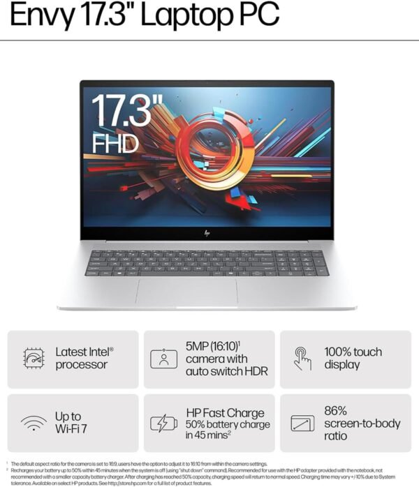HP Envy Touchscreen Laptop for Business - 17.3" FHD Anti-Glare Display, Intel 16-Cores Ultra 7 155H (up to 4.8 GHz), Windows 11 Pro, Backlit Keyboard, Wi-Fi 7 (32GB RAM | 2TB SSD)