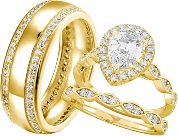 S925 10k/14k/18k Real Gold Moissanite Couple Ring Set For Men and Women, 1-3 CT Pear/Asscher/Emerald Cut Moissanite Wedding Couple Ring Set D Color VVS1 Clarity Anniversary Engagement