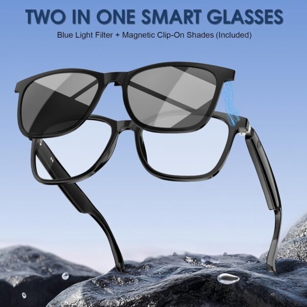 71poGh2pvYL._AC_SL1500_ Smart Glasses, Blue Light Blocking Clear Lenses + Magnetic Clip-On Sunglasses, Bluetooth Glasses with Open Ear Speaker, Voice Assistant Compatible for iPhone Android