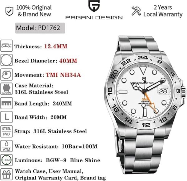 PAGRNE DESIGN Pagani Design Watches for Men Japanese NH34 Automatic GMT Watches Mechanical 40mm Stainless Steel Sapphire Mirror 10Bar Dive Watch 1762