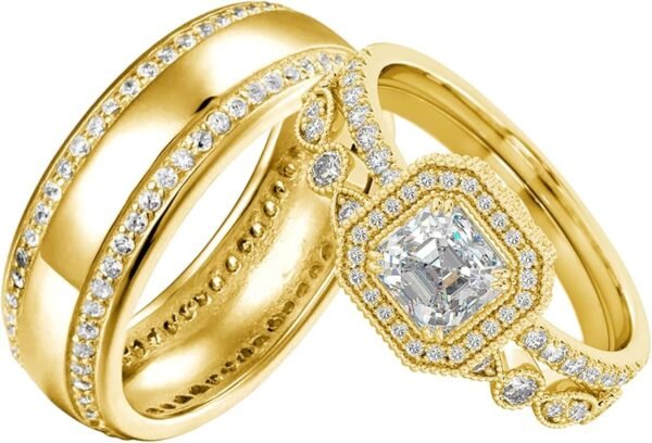 S925 10k/14k/18k Real Gold Moissanite Couple Ring Set For Men and Women, 1-3 CT Pear/Asscher/Emerald Cut Moissanite Wedding Couple Ring Set D Color VVS1 Clarity Anniversary Engagement