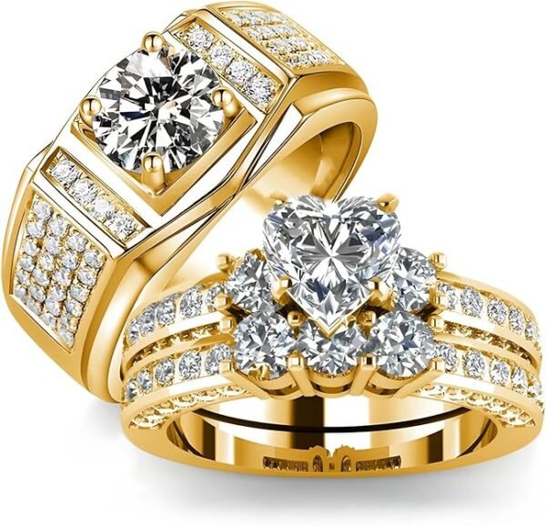 3Pcs Moissanite Wedding Rings Sets for Couples, s925 10K 14K 18K Gold Wedding Rings Sets for Him and Her, Customized Matching Engagement Bands Set for Men and Women Free Engraving