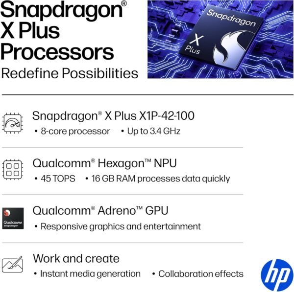 HP OmniBook 5 14 inch Next Gen AI PC, OLED Display, Snapdragon X Plus X1P-42-100, 16 GB RAM, 1 TB SSD, Qualcomm Adreno GPU, Windows 11 Home, Copilot+ PC, Glacier Silver, 14-he0099nr