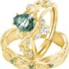 S925 Natural Moss Agate Wedding Rings for Couple, 10K/14K/18K Gold Couple Rings Set for Men and Women, Customized Green 2Pcs Promise Bands for Him and Her Engagement Valentine's Day Free Engraving