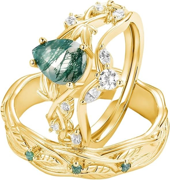 S925 Natural Moss Agate Wedding Rings for Couple, 10K/14K/18K Gold Couple Rings Set for Men and Women, Customized Green 2Pcs Promise Bands for Him and Her Engagement Valentine's Day Free Engraving
