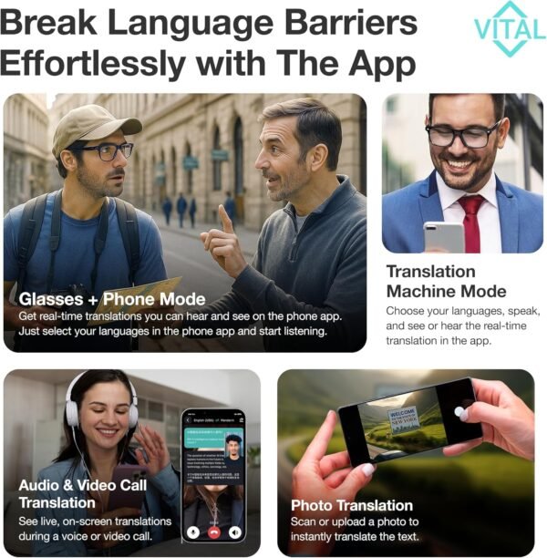 Vital Smart Glasses for Men AI Translation – Open-Ear Bluetooth 5.3 Audio, 130-Language Translator Vital Smart Glasses for Women UV400 Blue-Light Blocker Voice-Assistant Eyewear AI Glass