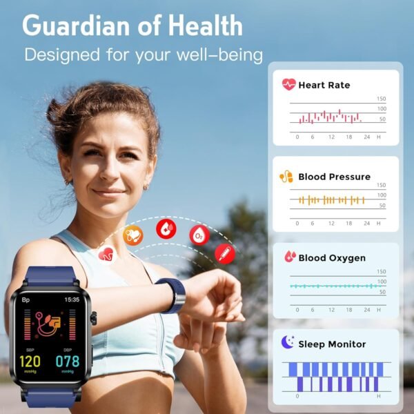 Blood Pressure Smart Watch with Air Bag Cuff, 1.92" lPS Color Screen, 24/7 Heart Rate Blood Oxygen Sleep Respiration Rate Health Monitor Activity Tracker Familiy Data Sharing (Blue)