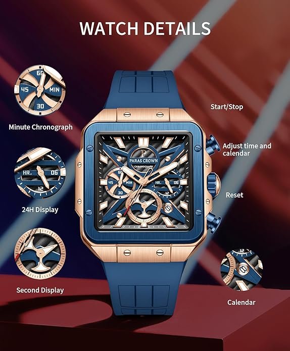 Paras Crown Mens Watches Ultra-Thin Square Watch Luxury Chronograph Analog Watches for Men Japanese Quartz Movement Stainless Steel Case 5ATM Waterproof Wrist Watch