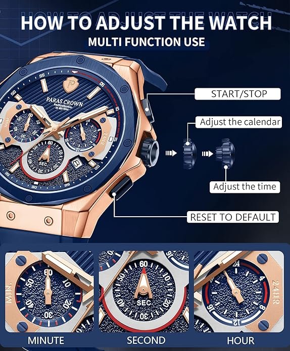 Mens Watches Fashion Luxury Quartz Waterproof Chronograph Wrist Watches for Men Silicone Strap Stainless Steel Case