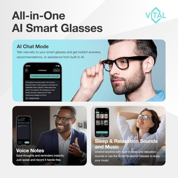 Vital Smart Glasses for Men AI Translation – Open-Ear Bluetooth 5.3 Audio, 130-Language Translator Vital Smart Glasses for Women UV400 Blue-Light Blocker Voice-Assistant Eyewear AI Glass
