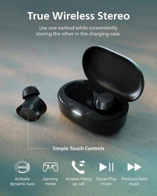 PHILIPS TAT1219 Wireless Earbuds,True Wireless Headphones,Powerful Bass with 10 mm Driver,Clear Call Quality with AI Mic,18 H Battery Life,Bluetooth 5.3,IPX4 Rating,Ergonomic Design for Comfort,Black