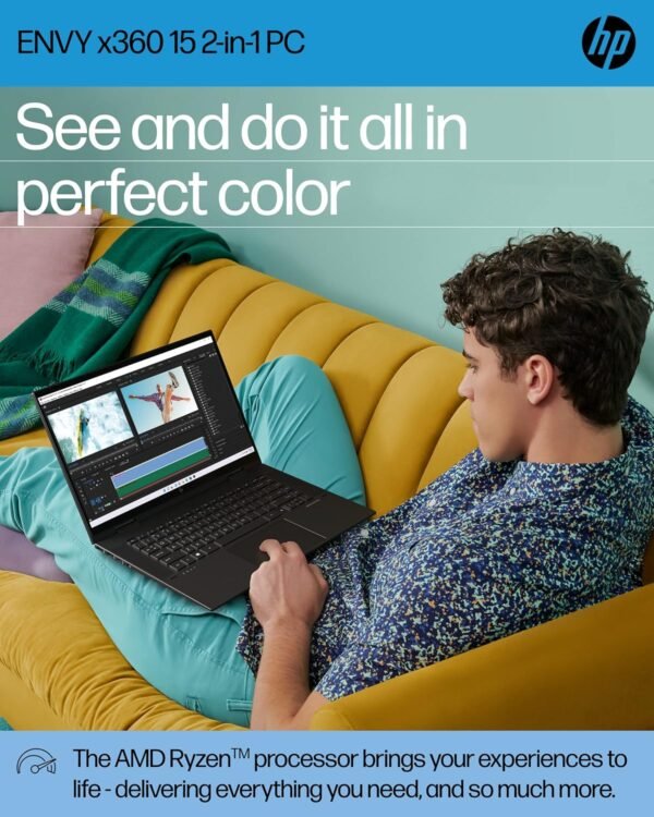 HP ENVY x360 Convertible 15-inch Laptop, AMD Ryzen 7 5825U processor, AMD Radeon Graphics, 8 GB RAM, 512 GB SSD, Windows 11 Home (15-eu1026nr, Nightfall black aluminum)