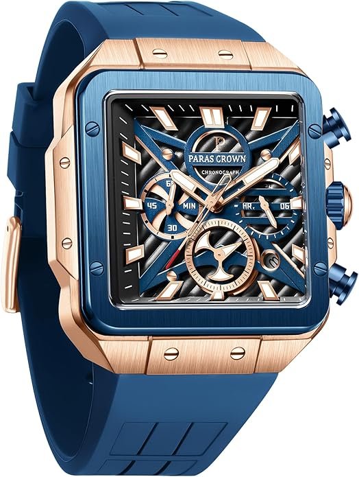 Paras Crown Mens Watches Ultra-Thin Square Watch Luxury Chronograph Analog Watches for Men Japanese Quartz Movement Stainless Steel Case 5ATM Waterproof Wrist Watch