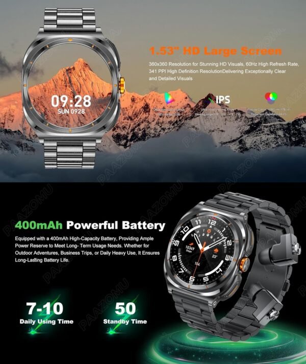 2025 New 2-in-1 Smartwatch with TWS Headset 1.53 inch IP67 Waterproof Music Smartwatch Bluetooth Headset Health Monitoring Sports Fitness Tracker (Black)