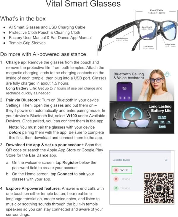 Vital Smart Glasses for Men AI Translation – Open-Ear Bluetooth 5.3 Audio, 130-Language Translator Vital Smart Glasses for Women UV400 Blue-Light Blocker Voice-Assistant Eyewear AI Glass