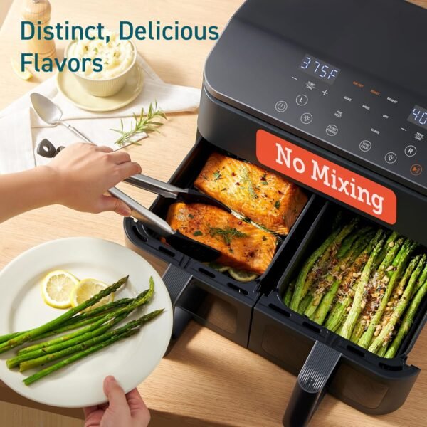 Dual Air Fryer 9Qt – 10-in-1, Fresh Balanced Meals for Family and Children with Double Baskets, Sync Cook & Finish to Bake, Roast, Reheat, Broil & 130 Recipes for Easy Cooking, Dishwasher Safe