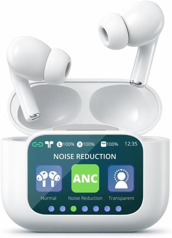 Airtouch 40 Wireless Earbuds, Bluetooth 5.4, Ultra-Wide LED Touchscreen Case, ANC/ENC Noise Cancelling, Low Latency, Hi-Fi Sound, for Android/iOS (White)