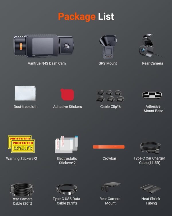 Vantrue N4S 3 Channel Front Inside Rear Dash Cam, 2.7K+1440P+1440P WiFi Dash Camera w/PlatePix™, STARVIS 2 x HDR x IR Night Vision, Voice Control, GPS, 24/7 Parking Mode, Support 1TB Max