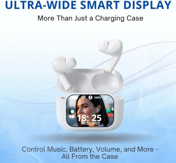 Airtouch 40 Wireless Earbuds, Bluetooth 5.4, Ultra-Wide LED Touchscreen Case, ANC/ENC Noise Cancelling, Low Latency, Hi-Fi Sound, for Android/iOS (White)