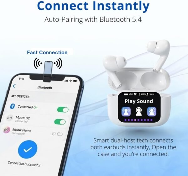 Airtouch 40 Wireless Earbuds, Bluetooth 5.4, Ultra-Wide LED Touchscreen Case, ANC/ENC Noise Cancelling, Low Latency, Hi-Fi Sound, for Android/iOS (White)