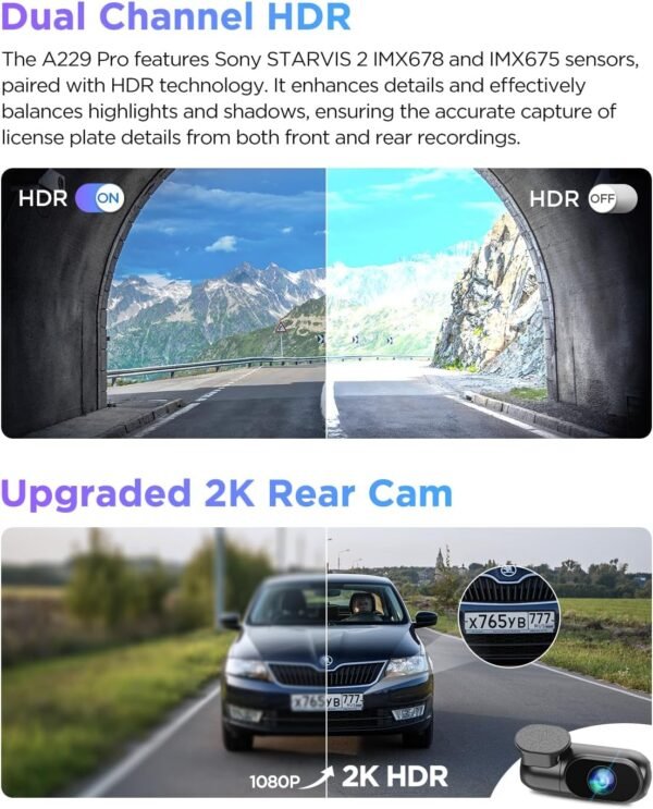 VIOFO A229 Pro 4K HDR Dash Cam, Dual STARVIS 2 IMX678 IMX675, 4K+2K Front and Rear Car Camera, 2 Channel with HDR, Voice Control, 5GHz WiFi GPS, Night Vision 2.0, 24H Parking Mode, Support 512GB Max