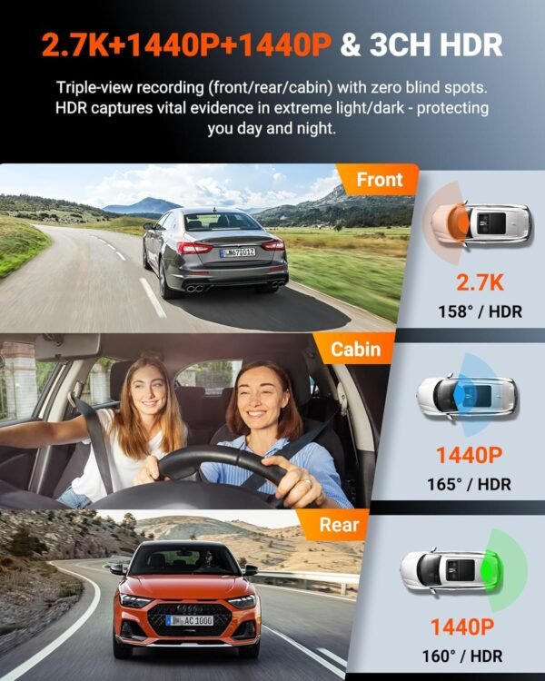 Vantrue N4S 3 Channel Front Inside Rear Dash Cam, 2.7K+1440P+1440P WiFi Dash Camera w/PlatePix™, STARVIS 2 x HDR x IR Night Vision, Voice Control, GPS, 24/7 Parking Mode, Support 1TB Max