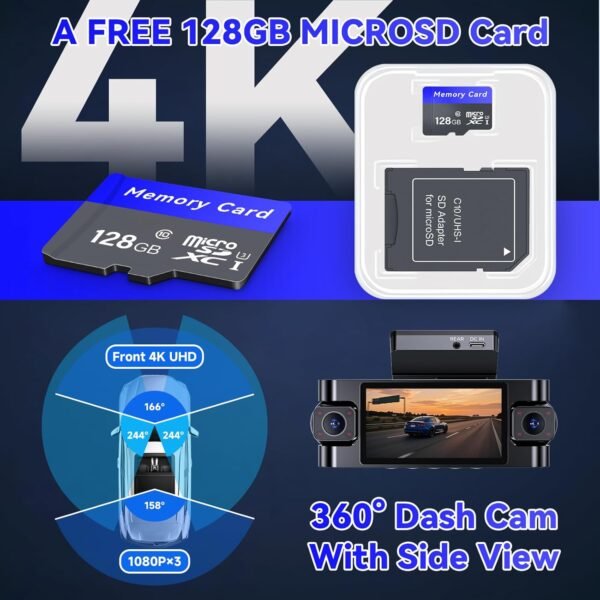 4 Channel Dash Cam 360° View,4K Front Rear Inside Dashcam,Left Right Dash Camera for Cars,Built-in GPS, 5G WiFi,Voice Control,Night Vision, 24/7 Recording Parking Mode Monitor, Free 128G Card