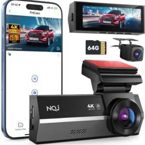 Dash Cams Front and Rear, NQJ 4K+2K Dual Dash Camera for Cars w 64GB Card, 5GHz Wi-Fi & App, G-Sensor, 3.2” Screen, 24H Parking Mode, 170°Wide Angle, Night Vision