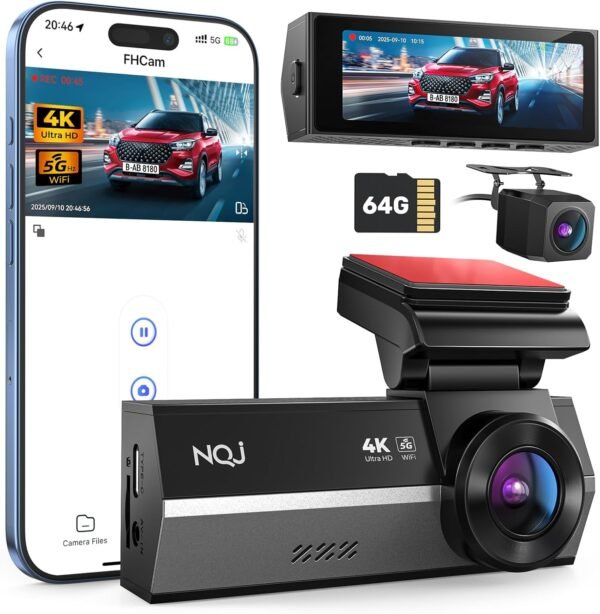 Dash Cams Front and Rear, NQJ 4K+2K Dual Dash Camera for Cars w 64GB Card, 5GHz Wi-Fi & App, G-Sensor, 3.2” Screen, 24H Parking Mode, 170°Wide Angle, Night Vision