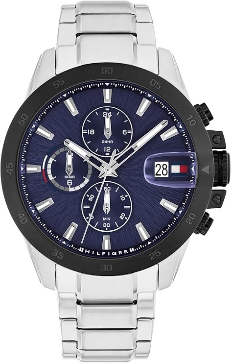 Tommy Hilfiger Men's Dynamic Watch – Quartz Multifunction, Stainless Steel Case, Radial-Etched Dial with CD-Textured Sub-Eyes, Tapered Indexes, Magnified Date Window, Link Bracelet – Gift for Him