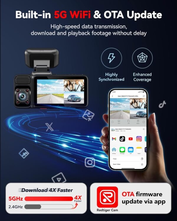 REDTIGER F17 4K 3 Channel Dash Cam, 5GHz WiFi Built-in GPS with 64GB Card, 2160P+1080P+1080P Front and Rear Inside, Triple Car Camera with 3 Inch Screen, IR Night Vision, G Sensor, WDR, Parking Mode