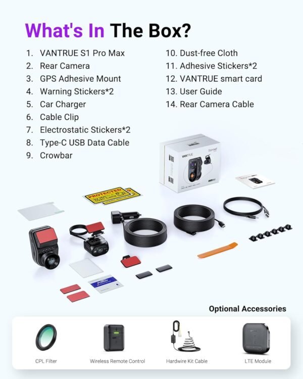 Vantrue S1 Pro Max 4K+4K Dash Cam Front and Rear, Dual 2160P Dash Camera with STARVIS 2 HDR PlatePix™ Night Vision, 5GHz WiFi, GPS Speed, 24/7 Parking Mode, ADAS/BSD, Optional LTE, Supports 1TB Max