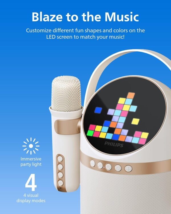 71a9IcrJacL._AC_SL1500_ PHILIPS S2508 Portable Karaoke Machine,Party Bluetooth Speaker with 2 Karaoke Microphones,7 H Battery,Multi-Colored Light Modes with Display Screen,6 Vocal Effects,USB,AUX or TF Card Input,Mini,White