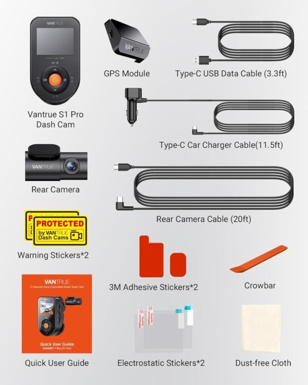 Vantrue S1 Pro Dual 1440P Dash Cam Front and Rear, Dash Camera w/2.7K, STARVIS 2, HDR Night Vision, 5G WiFi, 60FPS, Optional Remote Live View, GPS, Voice Control,24/7 Parking Mode, Support 512GB Max