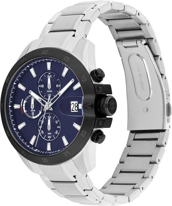 Tommy Hilfiger Men's Dynamic Watch – Quartz Multifunction, Stainless Steel Case, Radial-Etched Dial with CD-Textured Sub-Eyes, Tapered Indexes, Magnified Date Window, Link Bracelet – Gift for Him