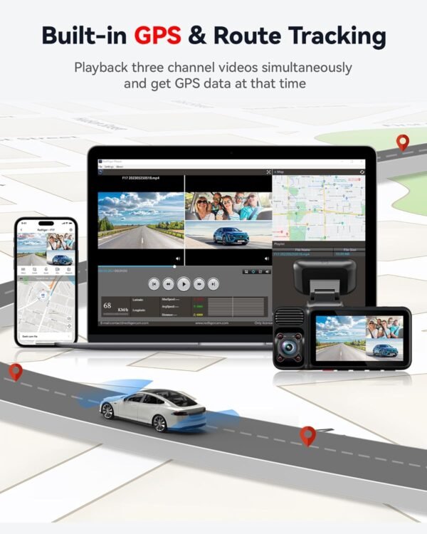 REDTIGER F17 4K 3 Channel Dash Cam, 5GHz WiFi Built-in GPS with 64GB Card, 2160P+1080P+1080P Front and Rear Inside, Triple Car Camera with 3 Inch Screen, IR Night Vision, G Sensor, WDR, Parking Mode