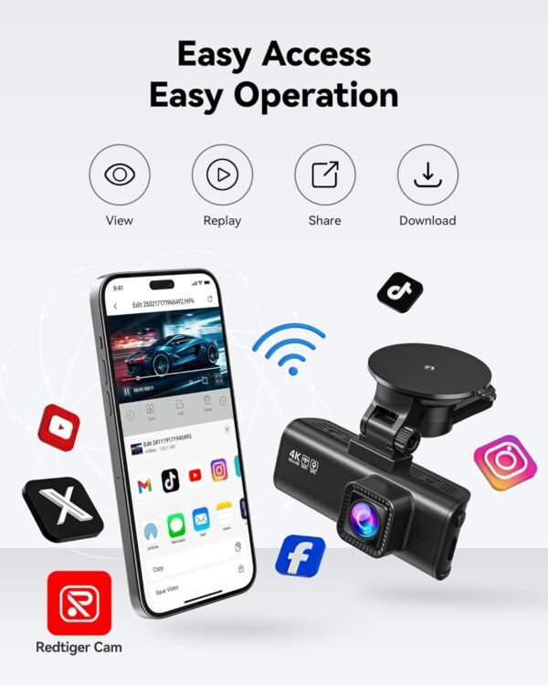 REDTIGER Dash Cam Front Rear, 4K/2.5K Full HD Dash Camera for Cars, Included 32GB Card, Built-in Wi-Fi GPS, 3.16” IPS Screen, Night Vision, 170°Wide Angle, WDR, 24H Parking Mode(F7NP)