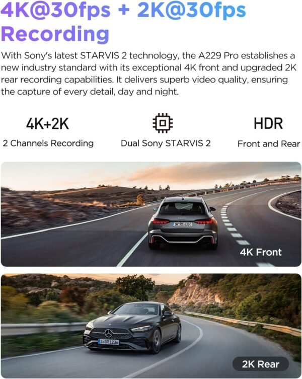 VIOFO A229 Pro 4K HDR Dash Cam, Dual STARVIS 2 IMX678 IMX675, 4K+2K Front and Rear Car Camera, 2 Channel with HDR, Voice Control, 5GHz WiFi GPS, Night Vision 2.0, 24H Parking Mode, Support 512GB Max