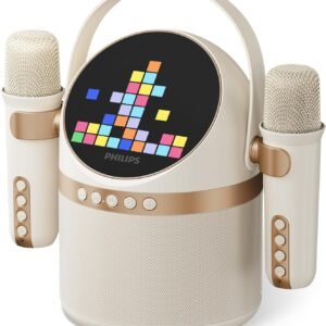 PHILIPS S2508 Portable Karaoke Machine,Party Bluetooth Speaker with 2 Karaoke Microphones,7 H Battery,Multi-Colored Light Modes with Display Screen,6 Vocal Effects,USB,AUX or TF Card Input,Mini,White