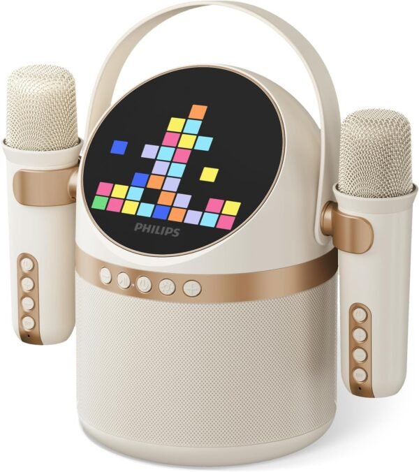 71tSd9U5TUL._AC_SL1500_ PHILIPS S2508 Portable Karaoke Machine,Party Bluetooth Speaker with 2 Karaoke Microphones,7 H Battery,Multi-Colored Light Modes with Display Screen,6 Vocal Effects,USB,AUX or TF Card Input,Mini,White