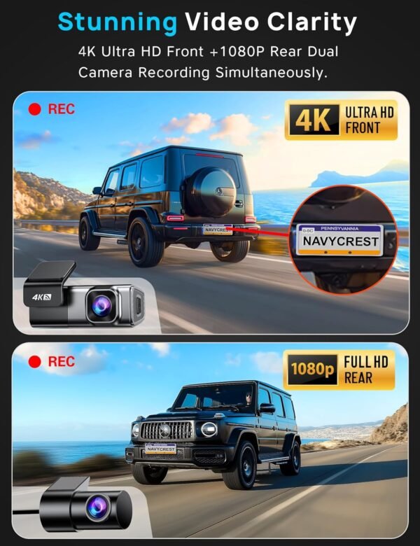 Navycrest 4K Dash Cam Front and Rear with 64GB Card, Built-in 5G WiFi, Dash Camera for Cars 4K Front and 1080P Rear, Dashcams for Cars Loop Recording, Gravity Sensor, 24-Hours Parking Mode