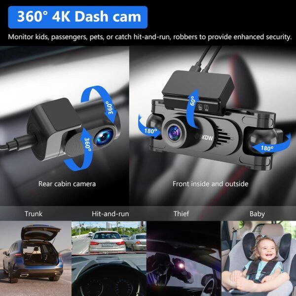 4 Channel Dash Cam 360° View,4K Front Rear Inside Dashcam,Left Right Dash Camera for Cars,Built-in GPS, 5G WiFi,Voice Control,Night Vision, 24/7 Recording Parking Mode Monitor, Free 128G Card