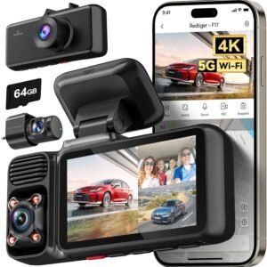 REDTIGER F17 4K 3 Channel Dash Cam, 5GHz WiFi Built-in GPS with 64GB Card, 2160P+1080P+1080P Front and Rear Inside, Triple Car Camera with 3 Inch Screen, IR Night Vision, G Sensor, WDR, Parking Mode