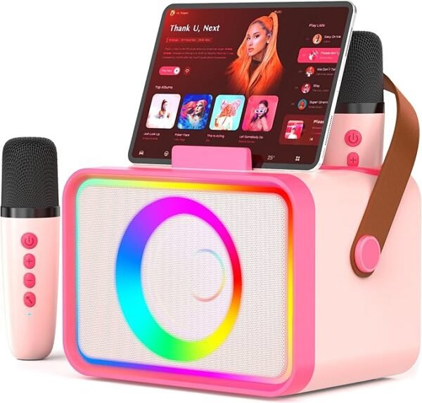 Karaoke Machine,Portable Bluetooth Speaker with 2 Wireless Microphone for Adults & Kids with LED Lights, Karaoke Microphone with PA System Supports USB/TF/AUX,Gift for Party (Black)