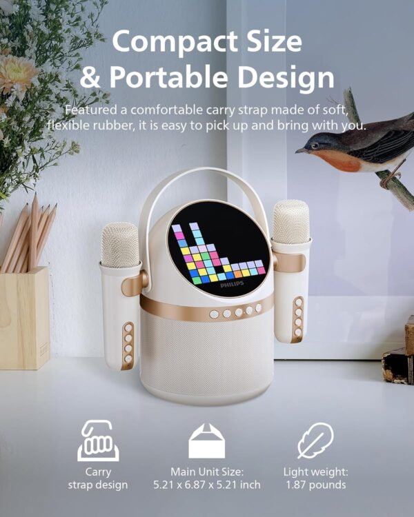 81FLzmHachL._AC_SL1500_ PHILIPS S2508 Portable Karaoke Machine,Party Bluetooth Speaker with 2 Karaoke Microphones,7 H Battery,Multi-Colored Light Modes with Display Screen,6 Vocal Effects,USB,AUX or TF Card Input,Mini,White