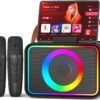 Karaoke Machine,Portable Bluetooth Speaker with 2 Wireless Microphone for Adults & Kids with LED Lights, Karaoke Microphone with PA System Supports USB/TF/AUX,Gift for Party (Black)