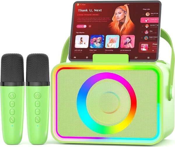 Karaoke Machine,Portable Bluetooth Speaker with 2 Wireless Microphone for Adults & Kids with LED Lights, Karaoke Microphone with PA System Supports USB/TF/AUX,Gift for Party (Black)