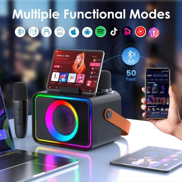 Karaoke Machine,Portable Bluetooth Speaker with 2 Wireless Microphone for Adults & Kids with LED Lights, Karaoke Microphone with PA System Supports USB/TF/AUX,Gift for Party (Black)