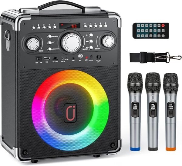 Karaoke Machine with 3 Wireless Microphones, Bluetooth Karaoke Speaker with 3 Mics for Adults/Kids, Portable PA System for Home Party with DJ Lights & Remote Contro, Support TWS/USB/TF Card/AUX/REC