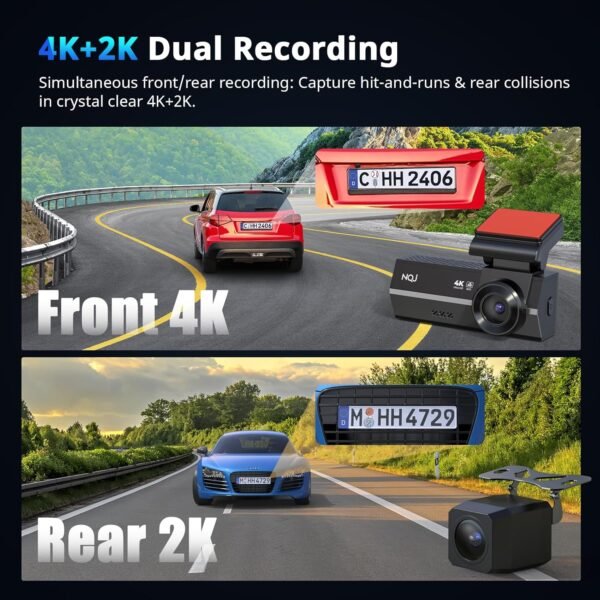 Dash Cams Front and Rear, NQJ 4K+2K Dual Dash Camera for Cars w 64GB Card, 5GHz Wi-Fi & App, G-Sensor, 3.2” Screen, 24H Parking Mode, 170°Wide Angle, Night Vision